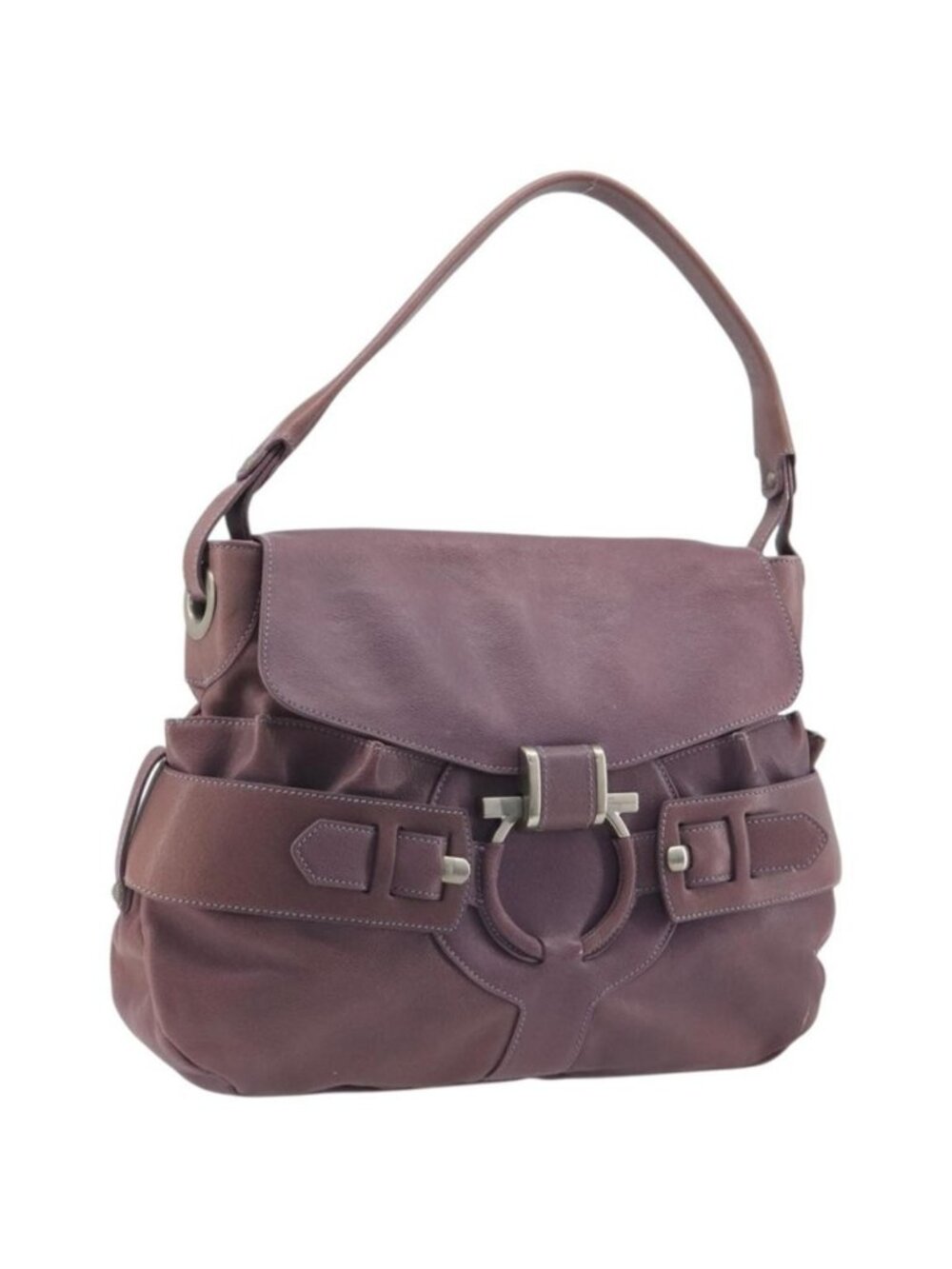 Authentic Salvatore Ferragamo Gancini Shoulder Bag Leather Purple Silver